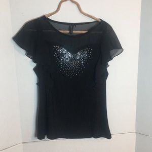 ZERO TO EIGHT BRAND RUFFEL SHOULDER SHEER TOP WITH SEQUIN DESIGN FRONT SIZE M